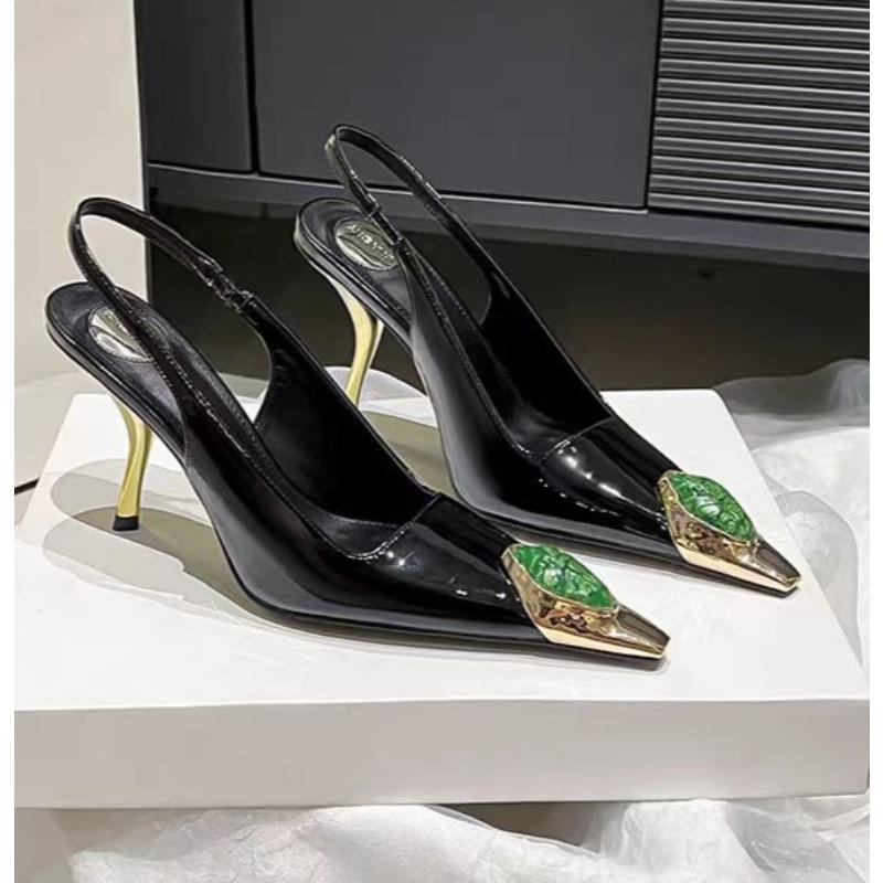 Fashion Retro Pointed Toe Diamonds High Heels Women Autumn 2025 New Metal Patent Leather Pumps Stripper Sandals Slingback Shoes