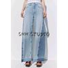 Spring New Women's Clothing Minimalist Washing Effect Patchwork Cotton High Waist Wide Leg Denim 6164075