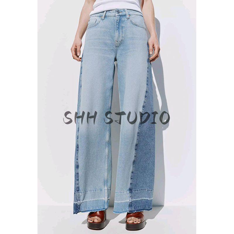 Spring New Women's Clothing Minimalist Washing Effect Patchwork Cotton High Waist Wide Leg Denim 6164075