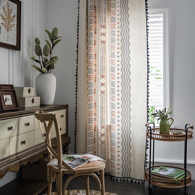 Tribal Style Bohemian Cream Cotton Linen Printing Sunshade Free Perforated Living Room Bedroom Kitchen Window Curtain Cloth