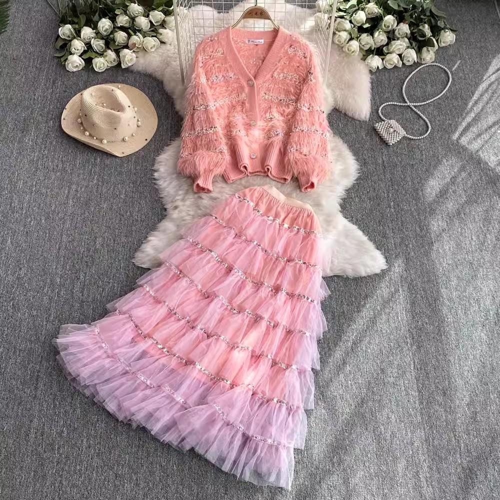 

Осенне-зимний женский комплект из двух предметов, небольшой ароматный трикотажный кардиган с V-образным вырезом, свитер, пальто и длинная юбка из ниспадающей сетки с пайетками S розовый