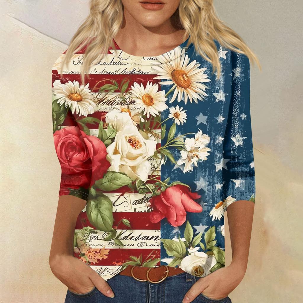 Women's Fashion Casual Seven-Sleeve Independence Day Print Round Neck Top