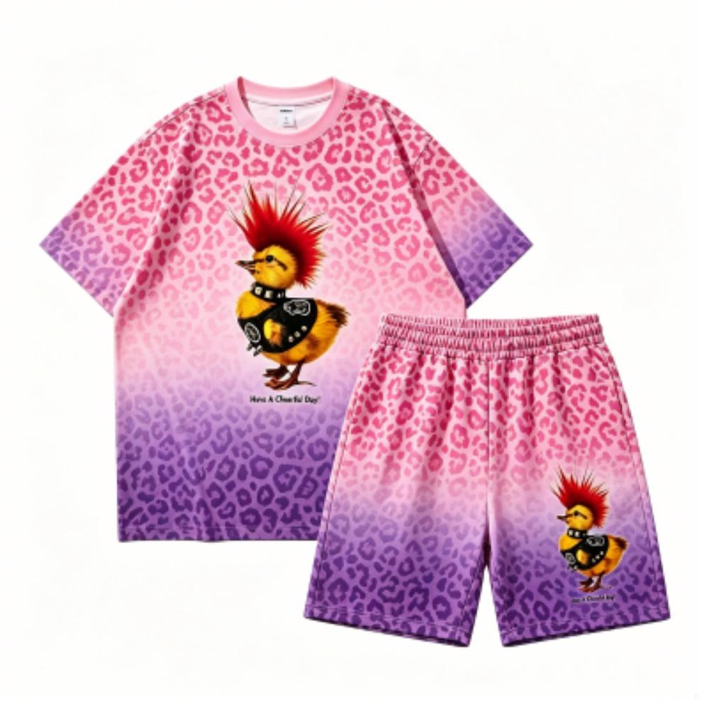 Fashion Hip Hop Chicken Printed Outdoor Street Women's T-shirt and Shorts 2 Piece Set Summer Casual Outfit Men's and Women's Sports Set