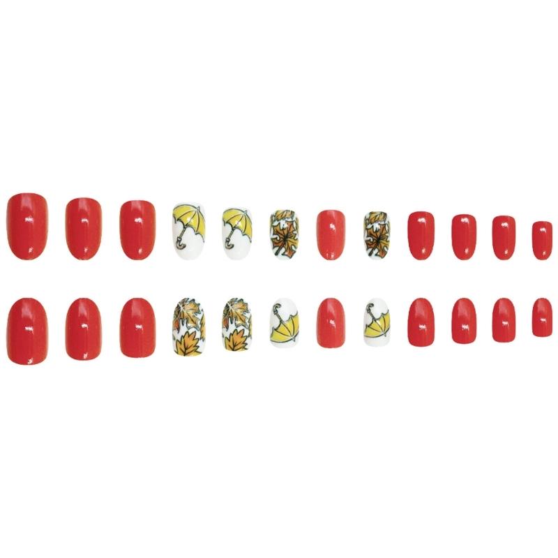 24Pieces Orange Glittering Press On Nail Tips Winter Leaf Short Look European Manicure Art Artificial Fingernails Set