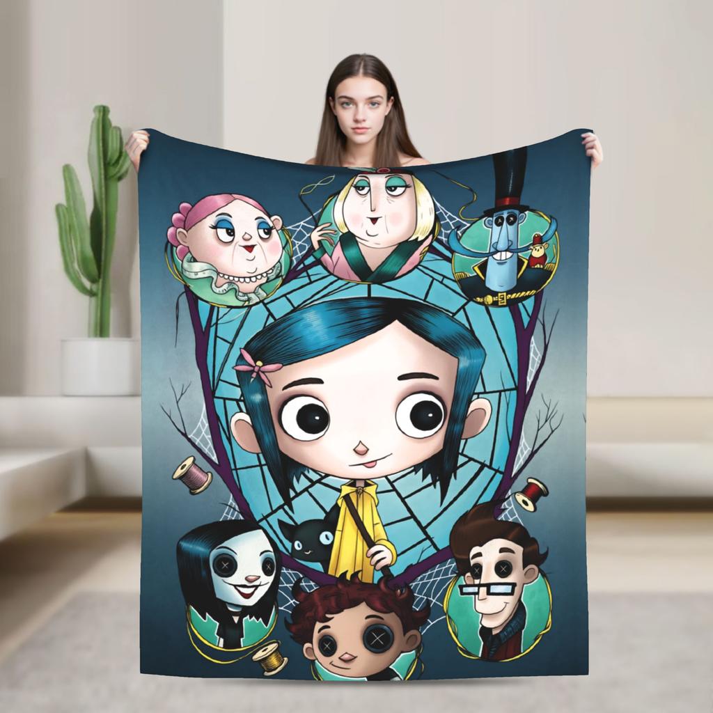 Coralines Animated Movie Blanket  Travel Flannel Throw Blanket For Living Room Warm Soft Custom DIY Quality Bedspread Gift Idea