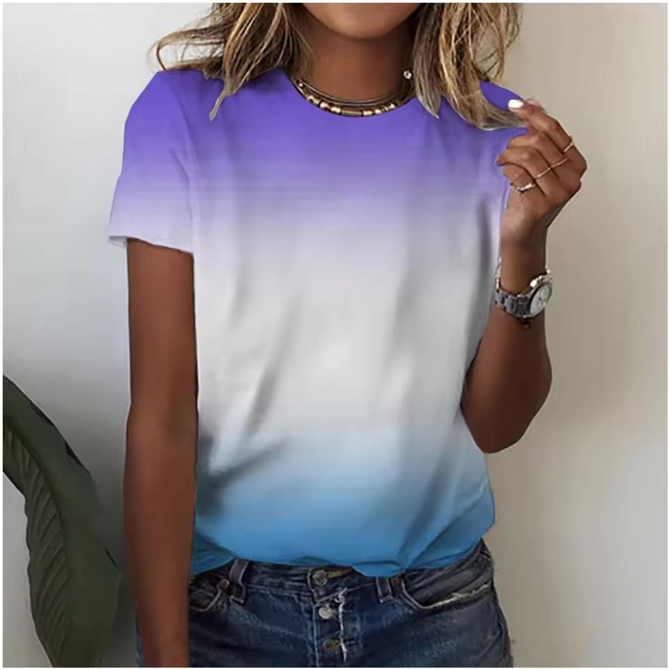 Summer Round Neck 3D Gradient Print Top Fashionable Casual Short Sleeved Women's T-shirts