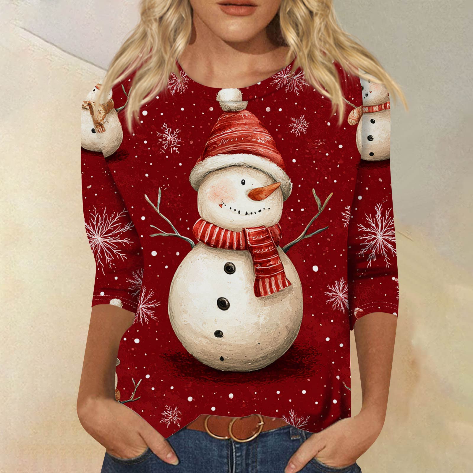 

Жіночий Модний Повсякденний Топ з Круглим Вирізом та Рукавом Три Чверті з Принтом на Хелловін XXXL червоний