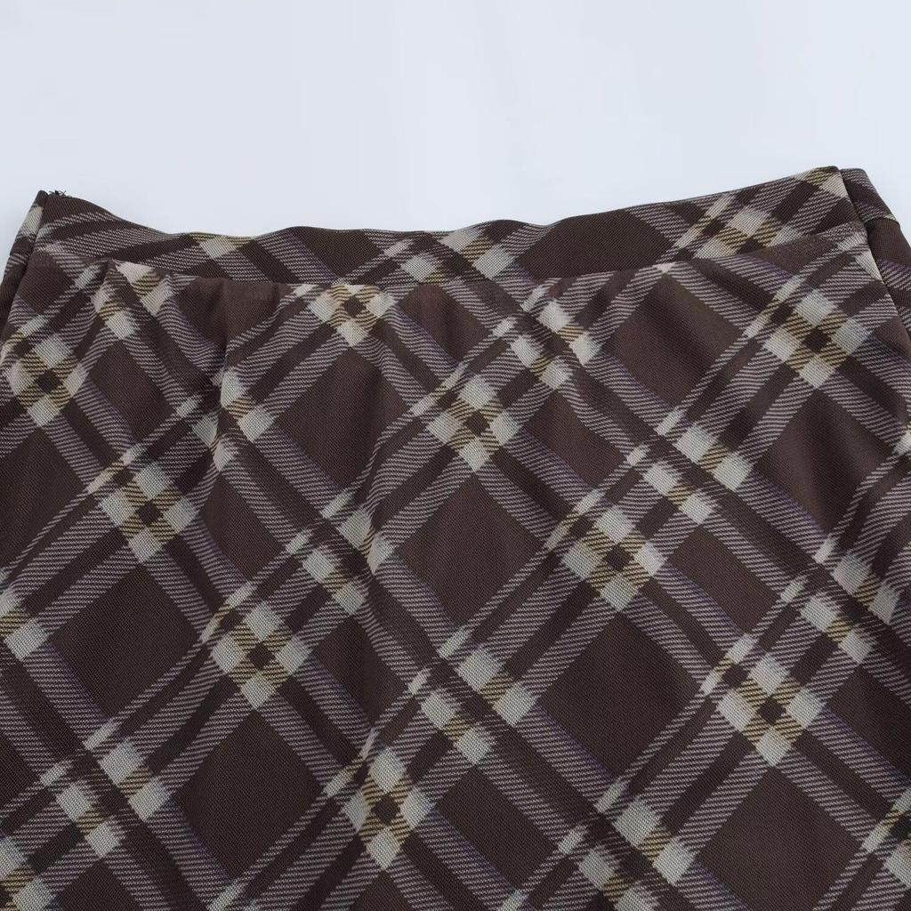 2025 Spring Women's Slim Plaid Silk Sarong Skirt with Button Details