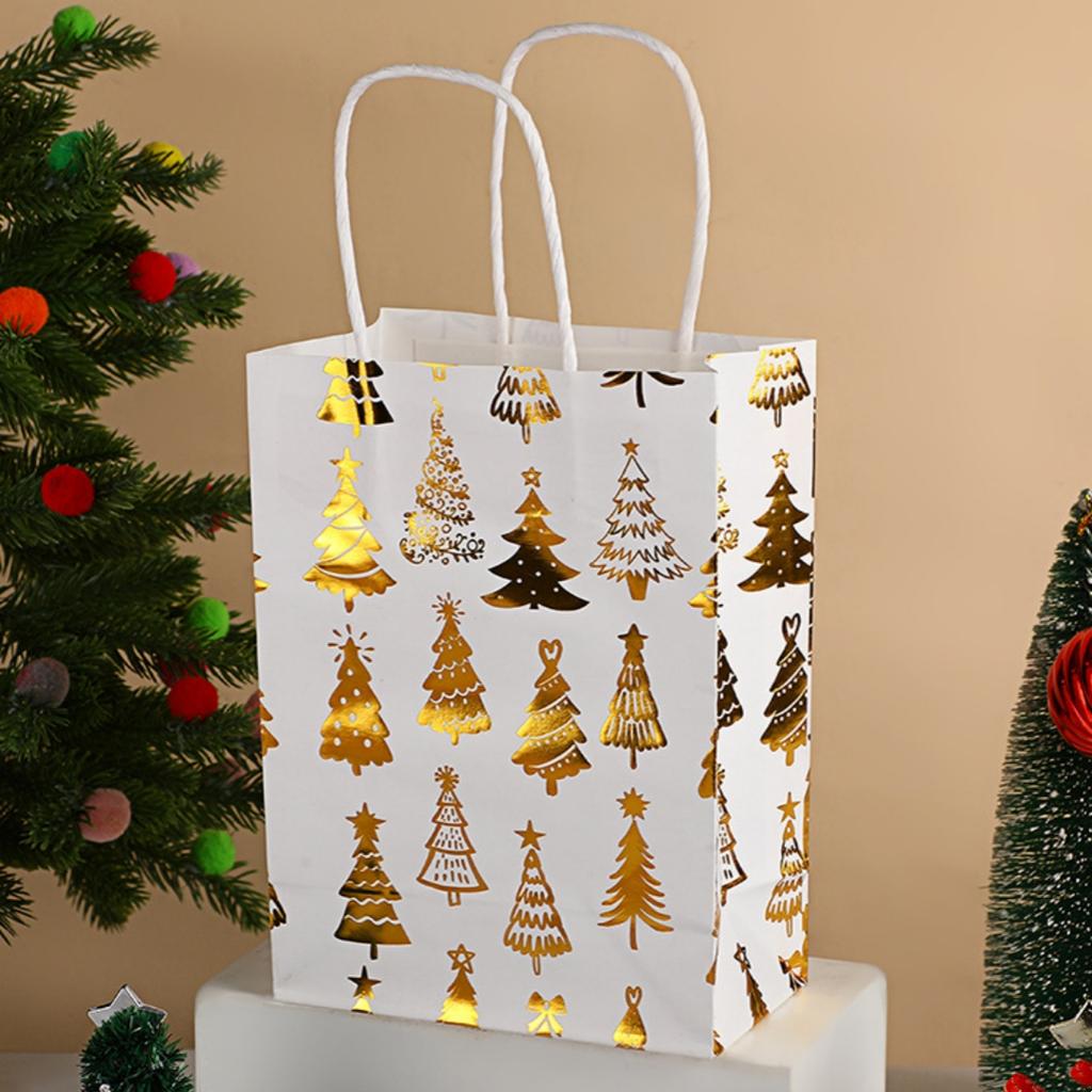 Christmas White Kraft Gift Bag with Gold Silver Snowflake, Bell, Christmas Tree, Reindeer Pattern Holiday Party Gift