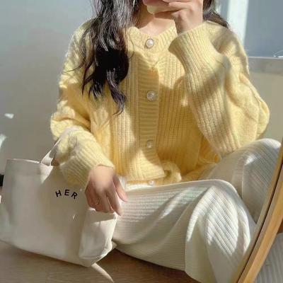 Crew Neck Pearl Buckle Knitted Cardigan Women's Autumn and Winter Sweater Outer Wear Women's Loose Lazy Style Jacket