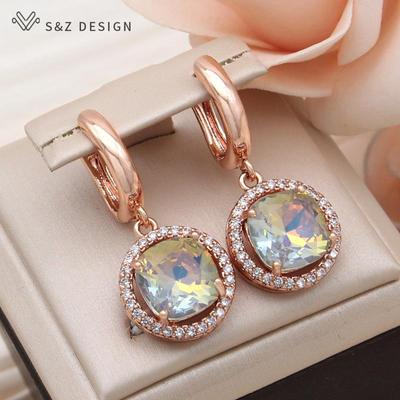 Fashion Round Cubic Zirconia Square Crystal Drop Earrings For Women Rose Gold Color Wedding Party Jewelry