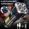 LED Flashlight 4 Lamp Beads High Power Torch USB Rechargeable Waterproof Hand Lantern COB Side Light For Outdoor Camping Fishing