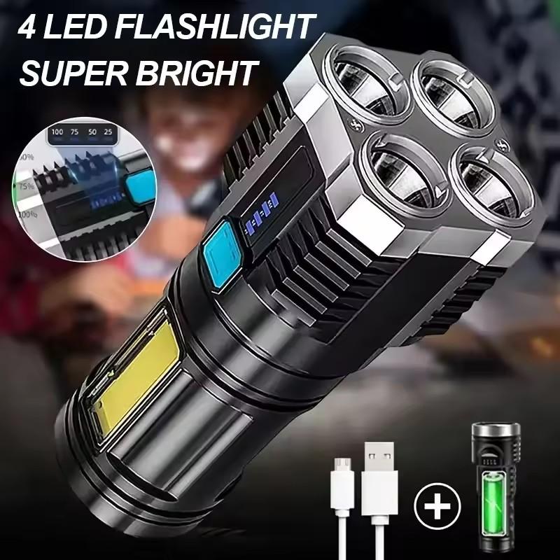 LED Flashlight 4 Lamp Beads High Power Torch USB Rechargeable Waterproof Hand Lantern COB Side Light For Outdoor Camping Fishing