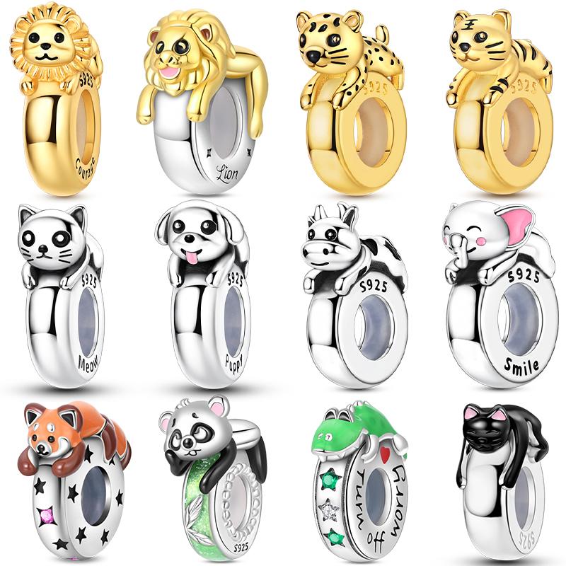 925 Silver Chameleon Raccoon Golden Tiger Silicone Stopper Clasp Charms Beads Fit Bracelet DIY Jewelry
