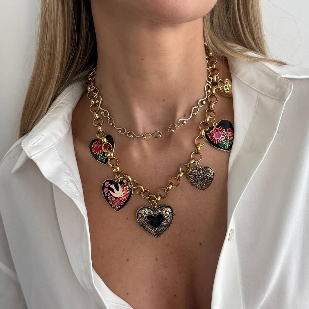 Ingemark Exaggerated Vintage Enamel Pattern Flower Big Love Heart Pendant Necklaces Women Creative Luxury Neck Chain New Jewelry