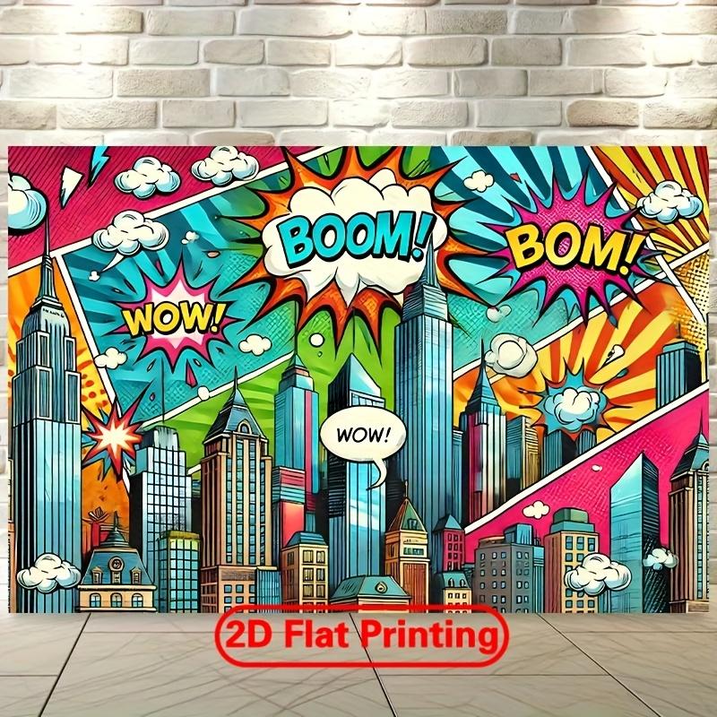 A 2D flat colorful comic city skyline background banner, with dimensions of 243.84 cm × 182.88 cm