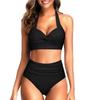 High-Waisted Halter Tie-Up Print Tankini Slimming Bikini Two-Piece Swimsuit