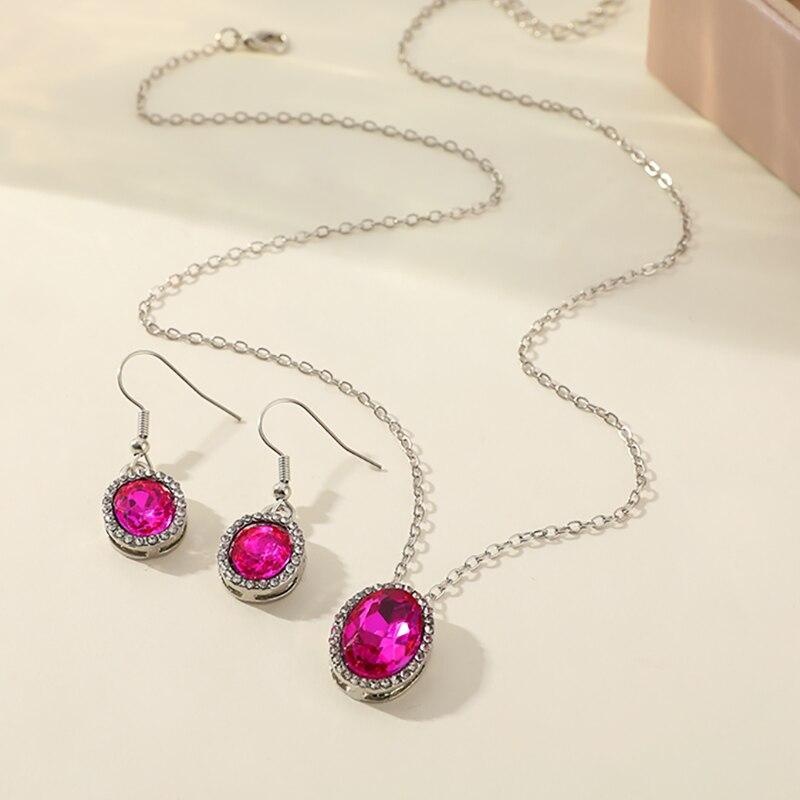 4pc Crystal Set Jewelry Women Fashion Trend Jewelry Geometric Oval Crystal Necklace Earrings Ring Three Pieces Set