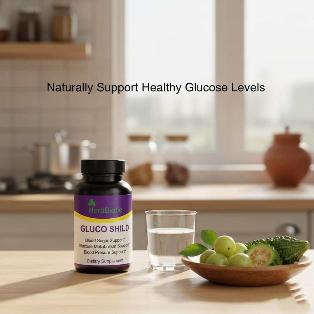 Gluco Shild Blood Sugar Support Supplement – Herbal Glucose Metabolism & Heart Health Formula with Gudmar, Haridra, Karela, Amla, Neem – 60 Capsu