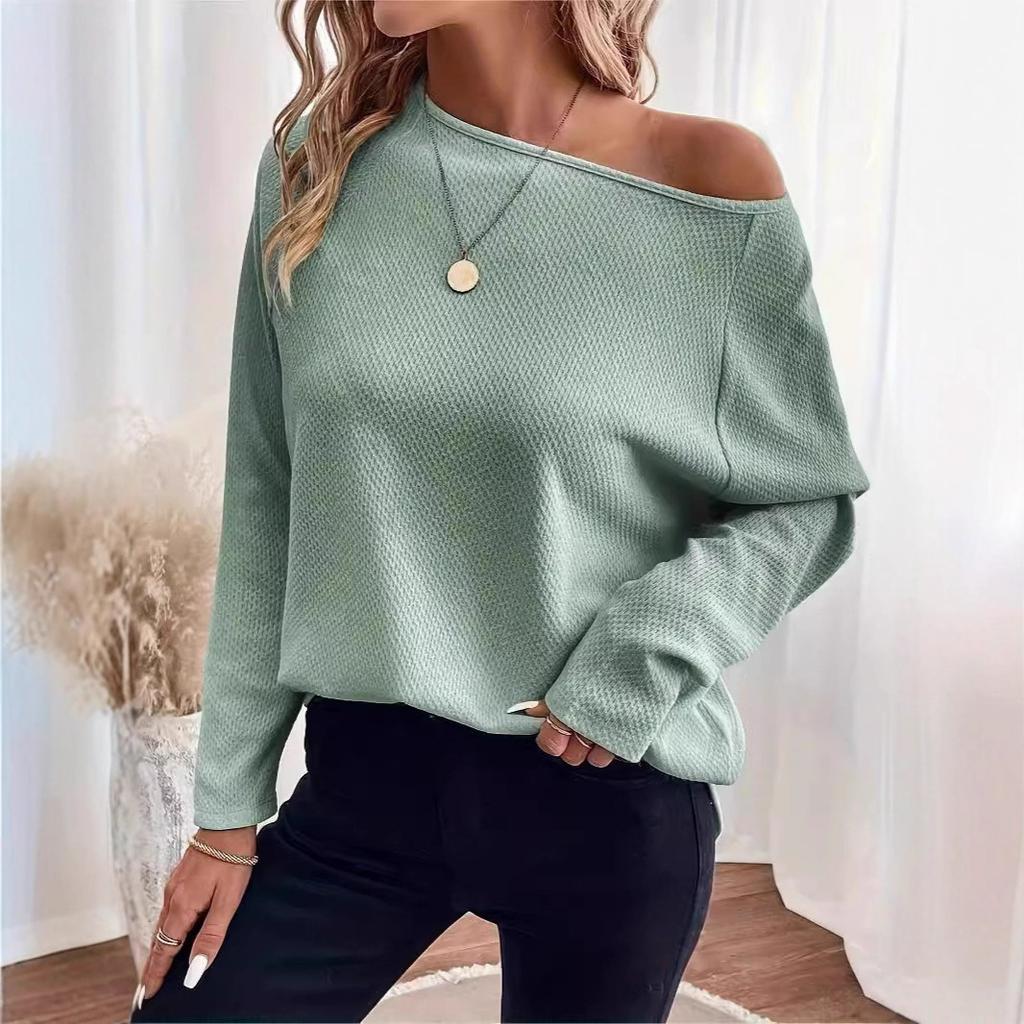 2025 Autumn Women Waffle Knit Off Shoulder Long Sleeve Top Casual Slant Neck Pullover Blouse