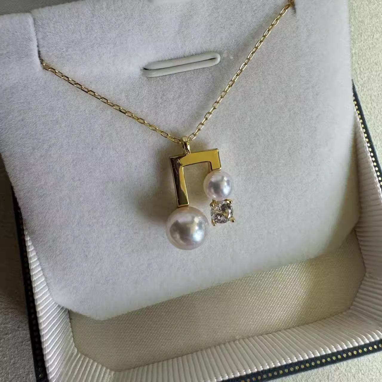 Zheji Exquisite T-style Freshwater Pearl Pendant Necklace 4-5mm+6-7mm Round Aura Nearly Flawless Pearls