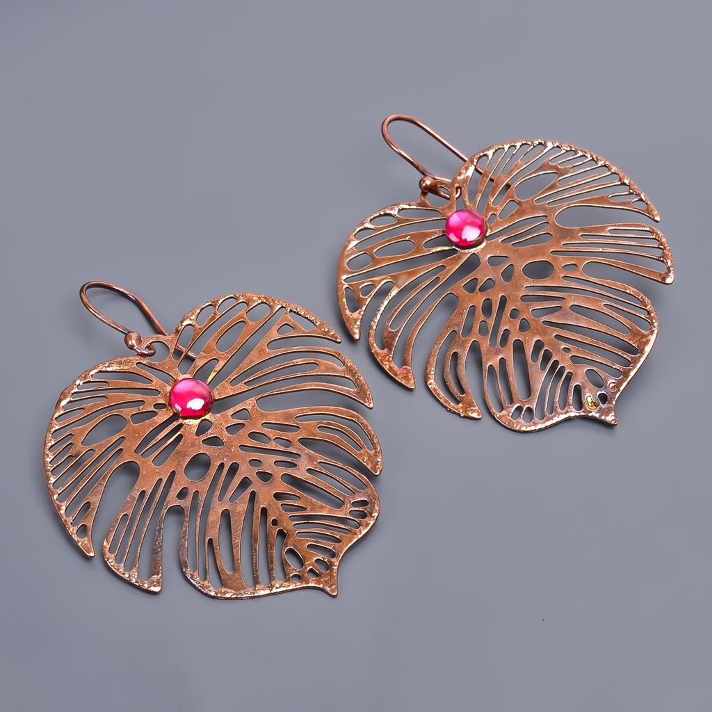 Naturalne Różowe Rubinowe Haczyki Galwanizowane Wiszące Kolczyki Prezent dla Żony Biżuteria Miedź V-49