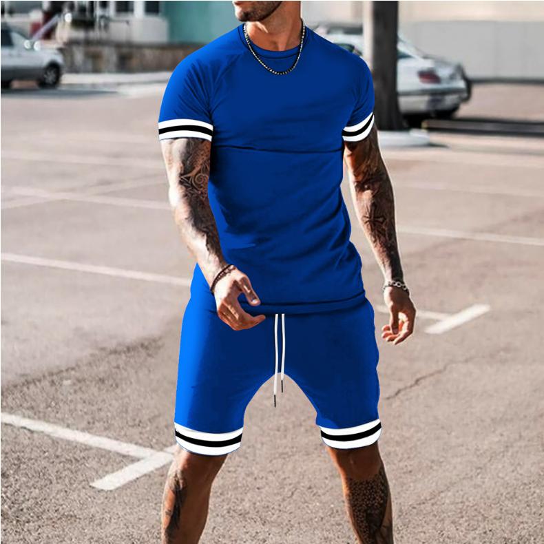 7 Colors Striped Patchwork Hem Woven Short Sleeve T Shirt Sets Men Summer Two Pieces Short Pants Suits Sportwear