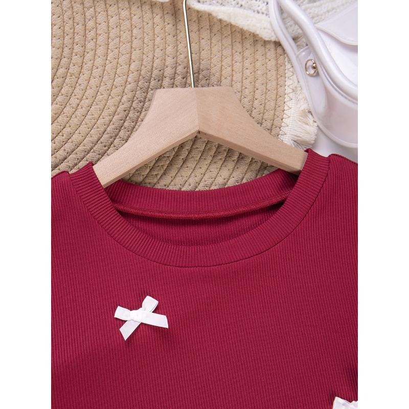 Women's Bow Decorated Pit Strip Round Neck Short-sleeved T-shirt