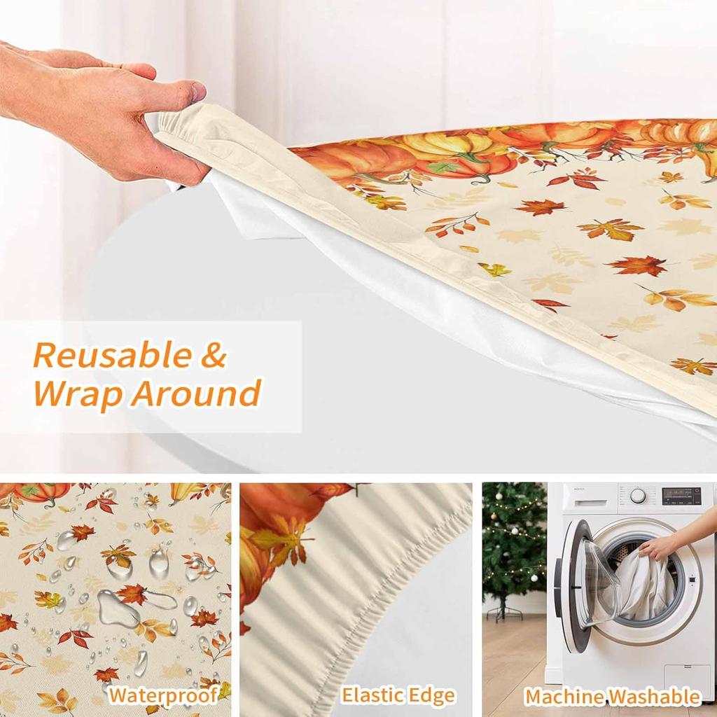 Herbst Erntedank Runder Tischdecke, Bauernhof Kürbis Botanische Ahornblätter Wasserdichtes Spann-Tischcover mit elastischem Rand, Herbst Ernte Tischdecken