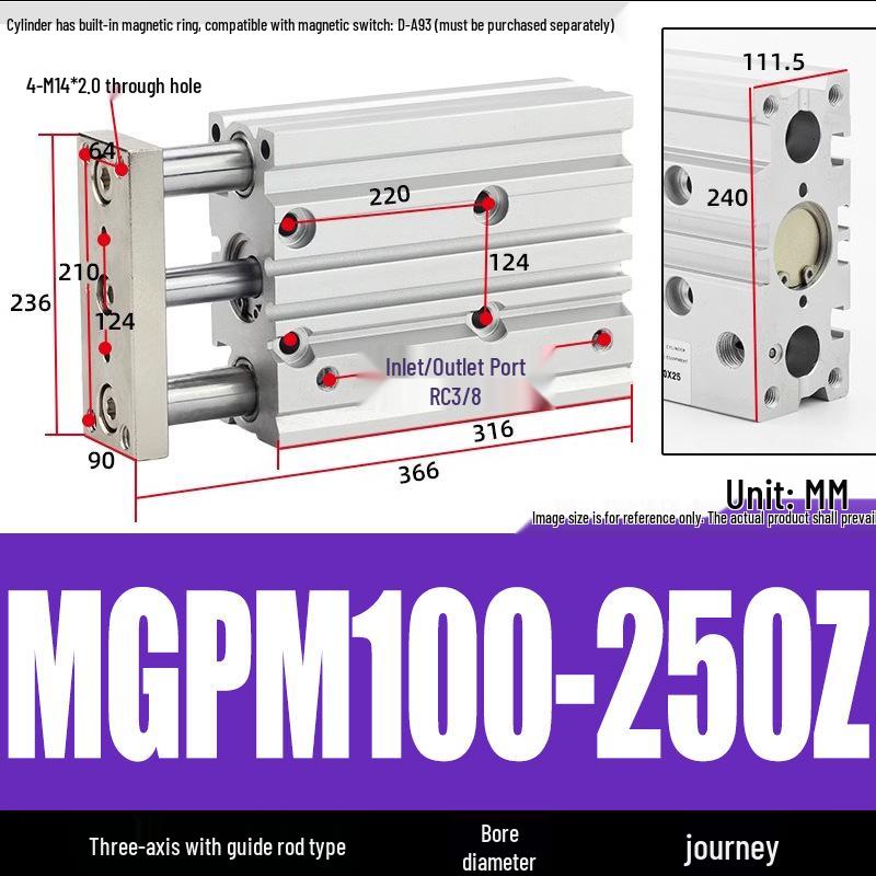 Compact Three-Axis Pneumatic Guided Rod Cylinder 12/16/20/25/32-10/20/40/50/75z