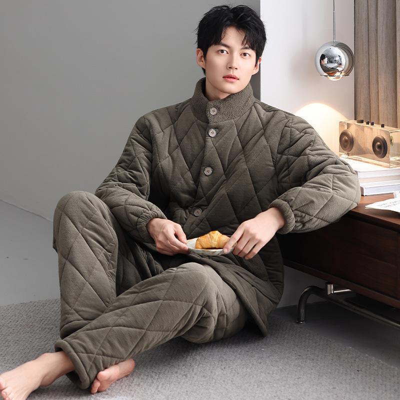 

Pajamas Men S Winter Thickened And Velvet Island Velvet Padded Cotton Three-Layer Ultra-Thick Stand-Up Collar Winter Warm Loungewear Set 3XL