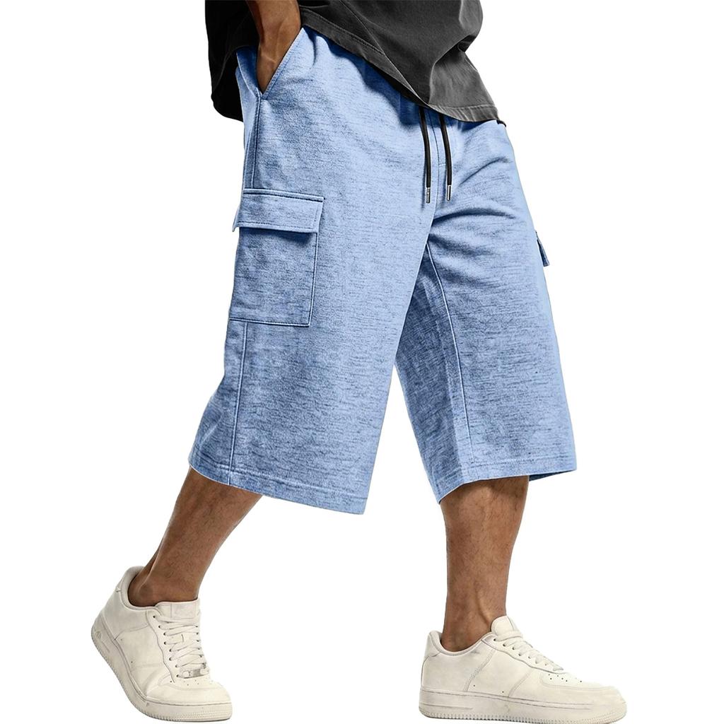 Men's Casual Drawstring Cargo Shorts Knee Length Loose Fit Lightweight Breathable Fabric with Multiple Pockets for Everyday Wear