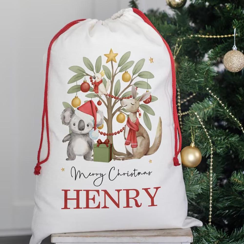 Personalised Santa Sack Christmas Keepsake Aussie Animals Larg Drawstring Bag Traditional Sack Christmas Gift Holiday Presents