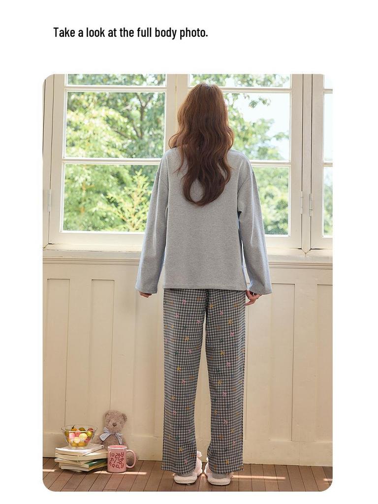 Pijama Macacão Feminino de Manga Comprida e Calça Comprida com Bojo Embutido, Gola Redonda, Usável ao Ar Livre, Bonito para Casa ou Uso Casual