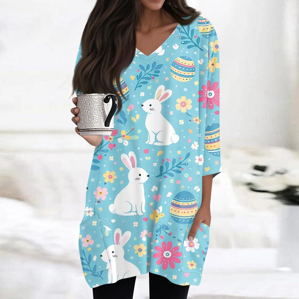 Womens Tops V-neck 3/4 Sleeve Blouses Casual Mid-length Shirts Fashion Print Tunic Tops With Pockets