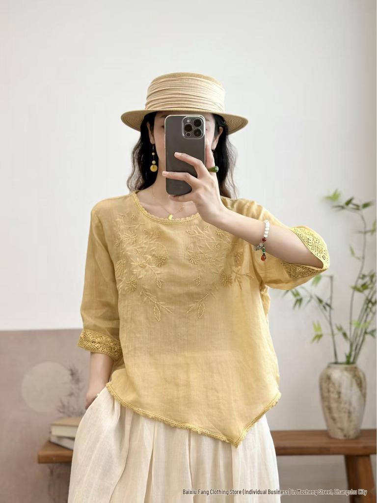 Embroidered Linen Round Neck Pleated Shirt - Chinese Style Loose Fit, Three-Quarter Sleeves for Women, Summer 2026 Collection