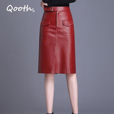 Frühling Schärpen Hohe Taille Tasche Röcke Frauen Elegante Midi Bleistift Oversize Zipper PU Leder Rock QT1550