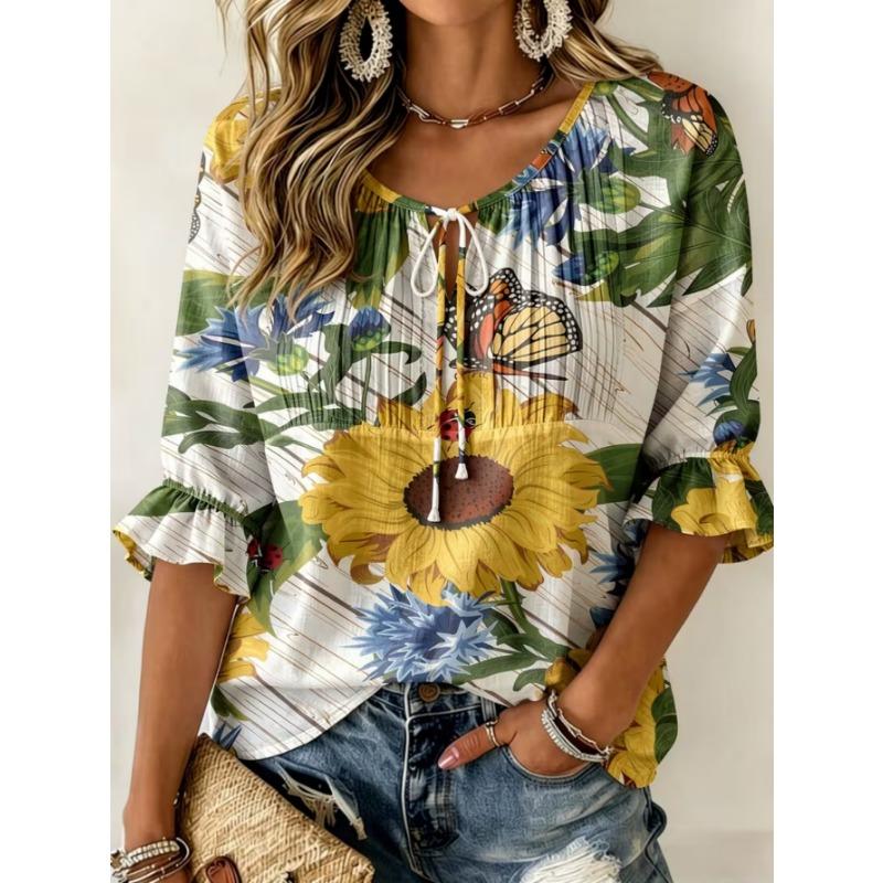 Women's Elegant Printed Lace-up Flared Top, Stylish and Versatile, Comfortable and Skin-friendly