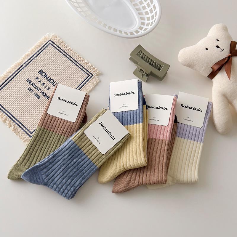 New Warm Casual Cotton Mid Socks Retro Contrast Stripes Same Color Match College Style Cotton Socks Winter Socks