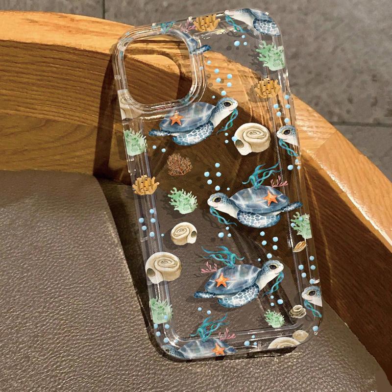 Cool Ocean Turtle Pattern Transparent Phone Case For iPhone 14 11 12 13 Pro 7 8 Plus X XR 15 16 Pro Max Shock-Absorption Cover
