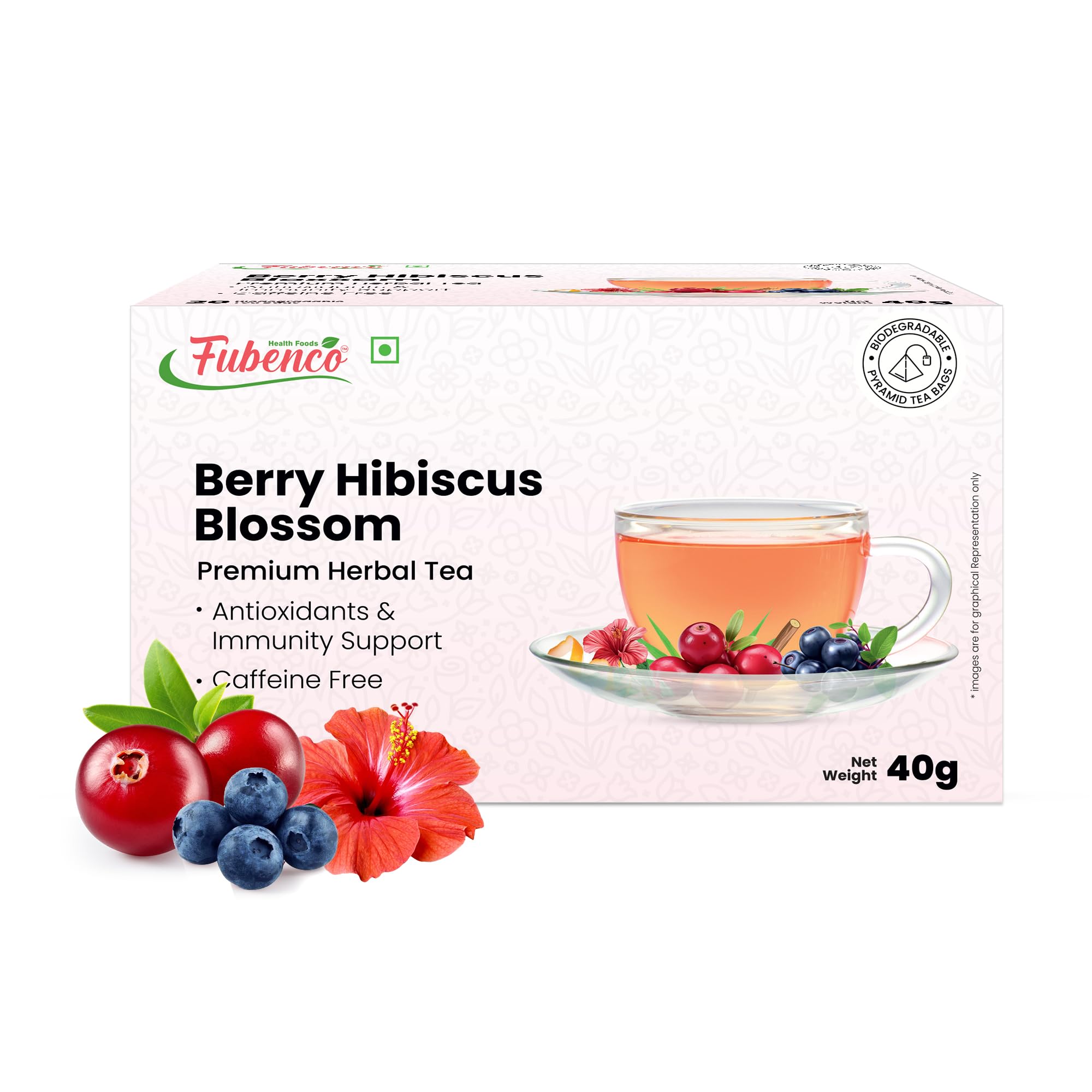 Fubenco Health foods Berry Hibiscus Blossom Herbal Tea Tisane (20 Tea Bags) | Pure Herbal Tea, Caffeine Free Tea | Ayurvedic Hibiscus Flower | 10