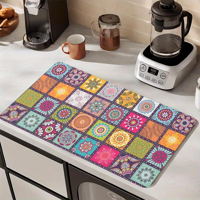 Bohemian Style Art Kitchen Mat Mandala Absorbent Table Mat Kitchen Drainage Mat Anti Slip Coffee Suitable Kitchen Area Carpet