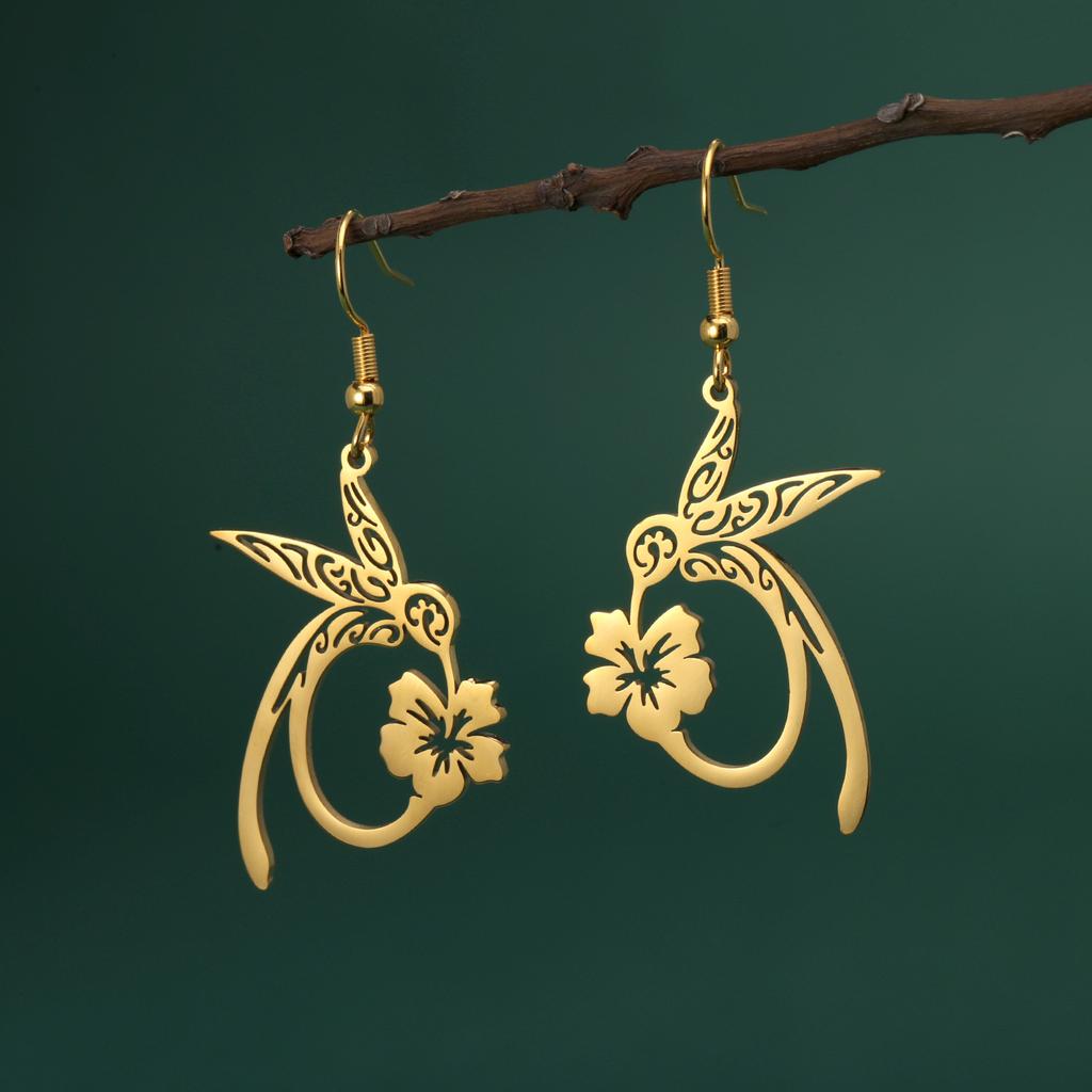 Hummingbird Flower Drop Earrings Animal Theme Jewelry Valentine's Day Gift for Women