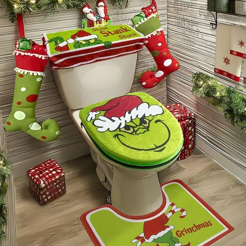 Set Decorazioni Bagno Natale Copriwater e Tappetino Verde Festivo del Grinch