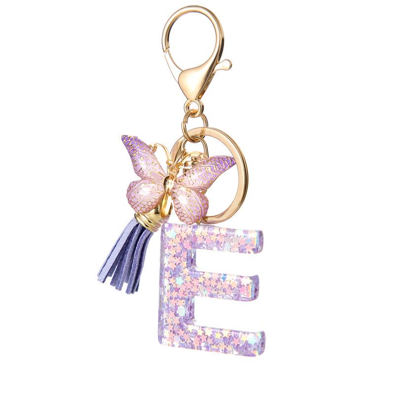 A-Z Alphabet Resin Keychain Purple Butterfly Tassel Pendant Classic Retro Durable Women Bag Accessory Practical Backpack Hanging Charm