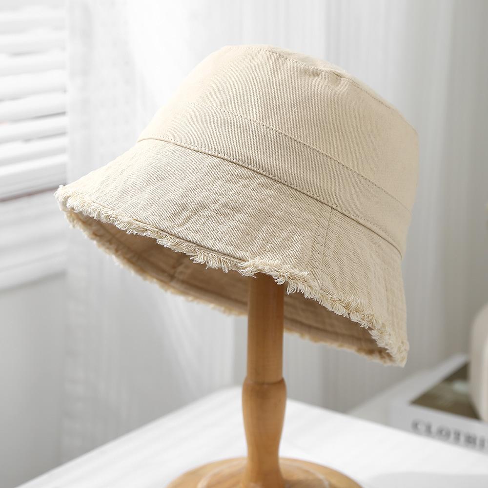 Outdoor Spring and Summer Internet Celebrity Solid Color Rough Edge Bucket Hat Female Versatile Sunscreen Visor Showing Face Small Bucket Basin Hat