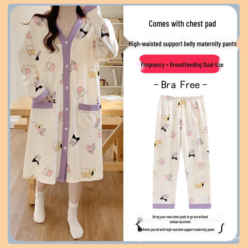 Breathable Maternity Nightgown with Built-in Bra for Labor, Breastfeeding, & Postpartum - Spring & Autumn Style