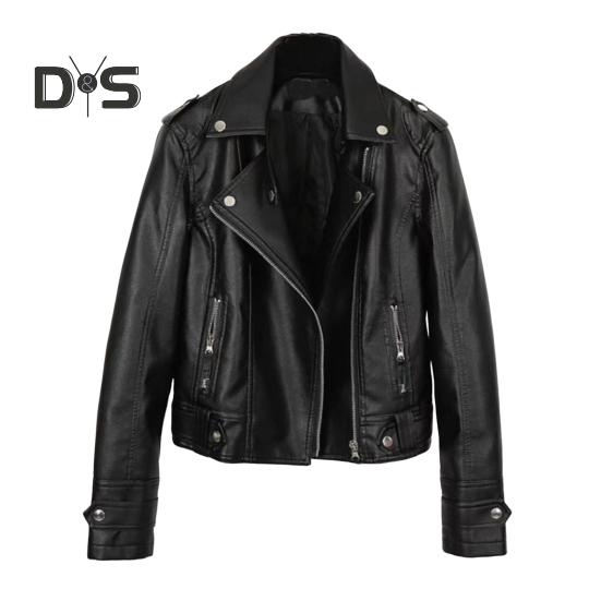 

Женская куртка из искусственной кожи с гладкой поверхностью, отложным воротником, застежкой-молнией и заклепками, длинные рукава, мотоциклетное пальто, дорожная верхняя одежда M чёрный