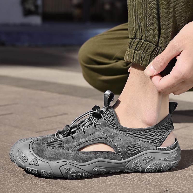 Sandale pentru bărbați cu vârf închis, plasă de vară, modă respirabilă, sandale casual din piele, pantofi de alpinism de dimensiuni mari
