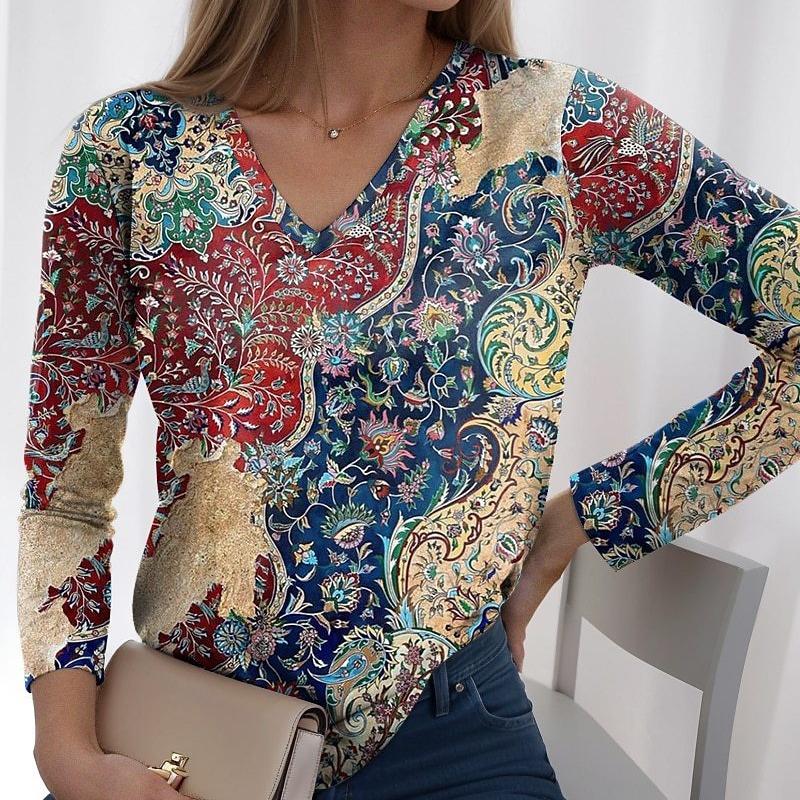 Spring and Autumn V-neck 3D Paisley Printed Top Fashionable Casual Long Sleeved Women's T-shirts